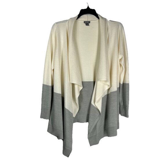 Eddie Bauer Woman Merino Wool Draped Cardigan Large Gray Color Block Long Sleeve - Picture 1 of 5